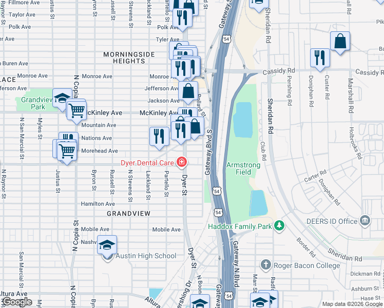 map of restaurants, bars, coffee shops, grocery stores, and more near 4011 Fort Boulevard in El Paso
