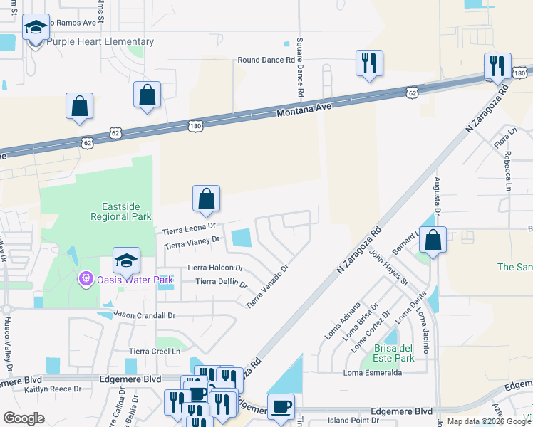 map of restaurants, bars, coffee shops, grocery stores, and more near 14225 Tierra Bronce Drive in El Paso
