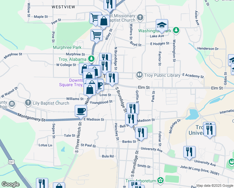 map of restaurants, bars, coffee shops, grocery stores, and more near 100-398 Dunn Circle in Troy