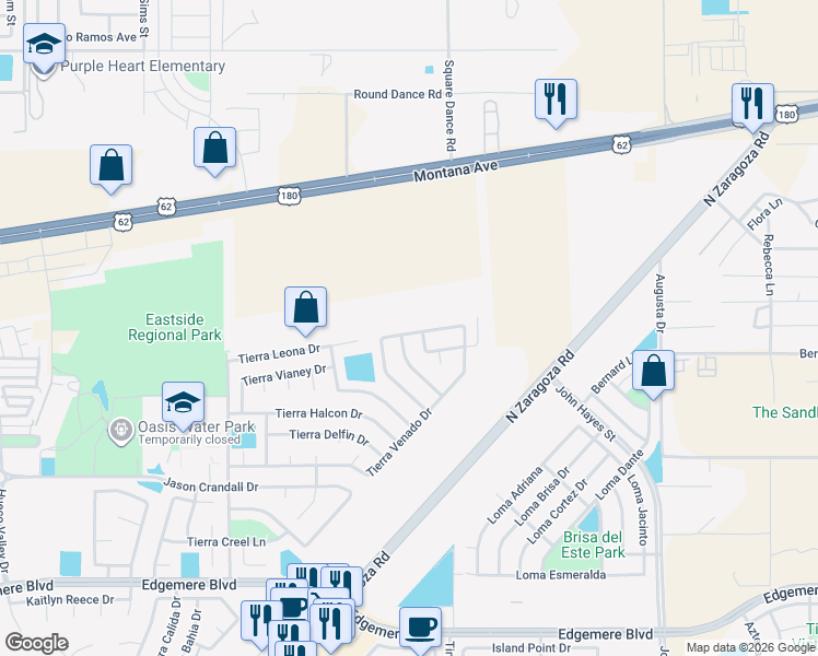 map of restaurants, bars, coffee shops, grocery stores, and more near 4108 Tierra Patino Lane in El Paso