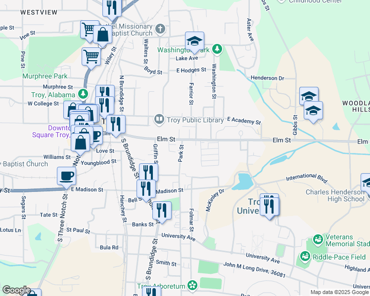 map of restaurants, bars, coffee shops, grocery stores, and more near 530 Elm Street in Troy