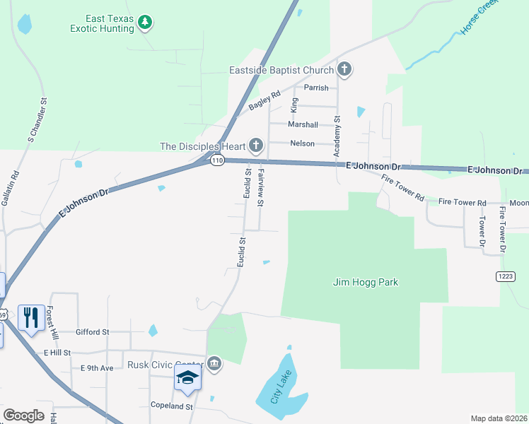 map of restaurants, bars, coffee shops, grocery stores, and more near 237 Fairview Street in Rusk