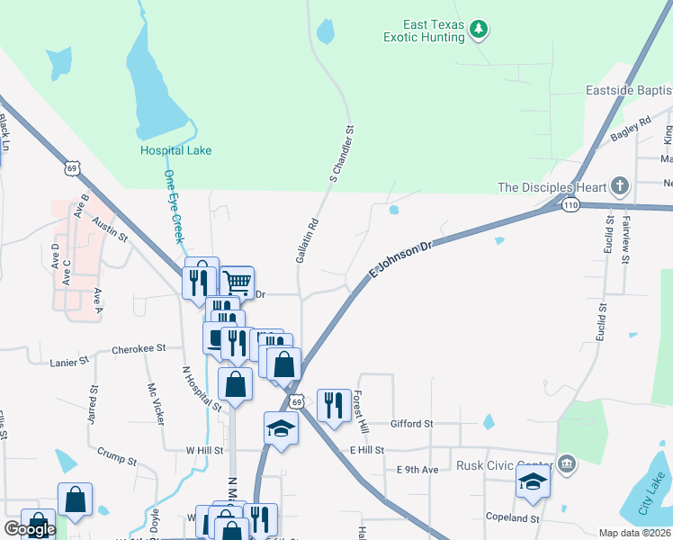 map of restaurants, bars, coffee shops, grocery stores, and more near 209 Guinn Place in Rusk