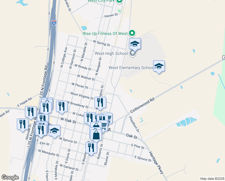 map of restaurants, bars, coffee shops, grocery stores, and more near 104 East Pecan Street in West