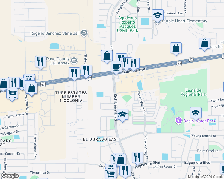 map of restaurants, bars, coffee shops, grocery stores, and more near 4101 Rich Beem Boulevard in El Paso