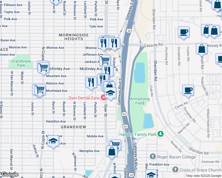 map of restaurants, bars, coffee shops, grocery stores, and more near 3402 Dyer Street in El Paso