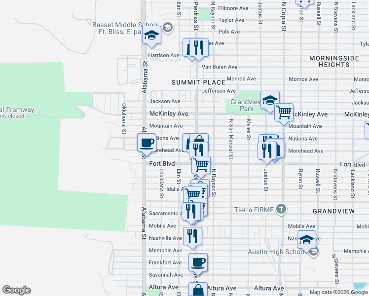 map of restaurants, bars, coffee shops, grocery stores, and more near 2804 Nations Avenue in El Paso