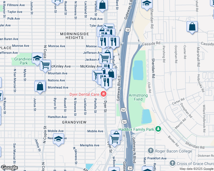 map of restaurants, bars, coffee shops, grocery stores, and more near 3402 Dyer Street in El Paso