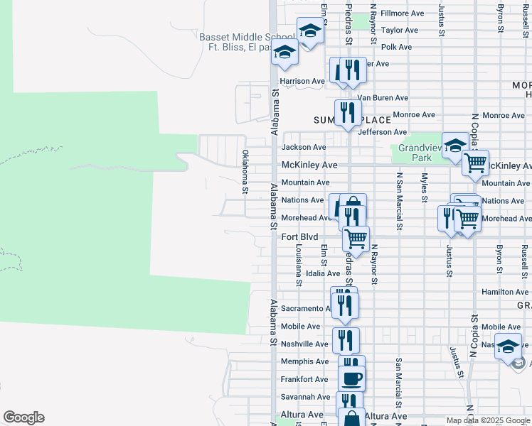 map of restaurants, bars, coffee shops, grocery stores, and more near 2527 Morehead Avenue in El Paso