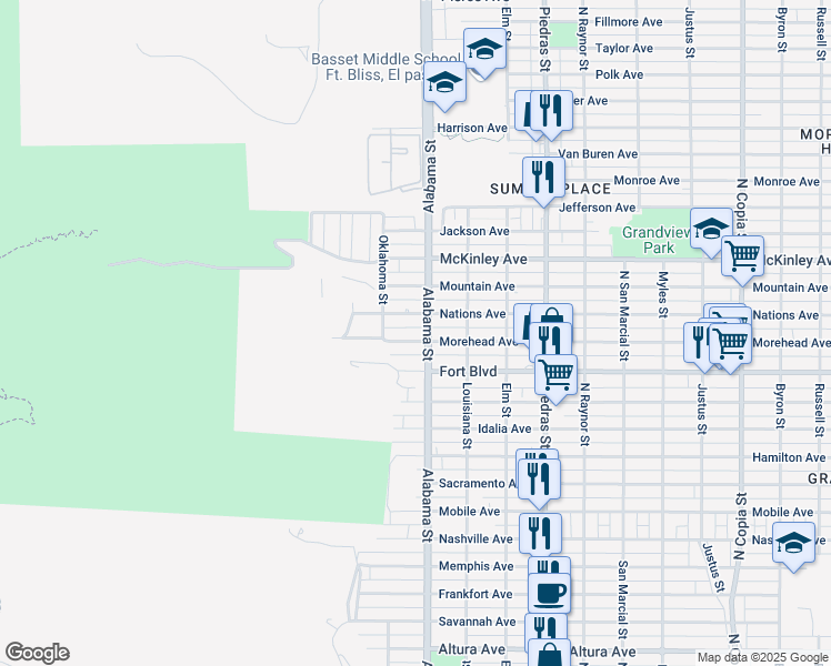 map of restaurants, bars, coffee shops, grocery stores, and more near 2512 Nations Avenue in El Paso