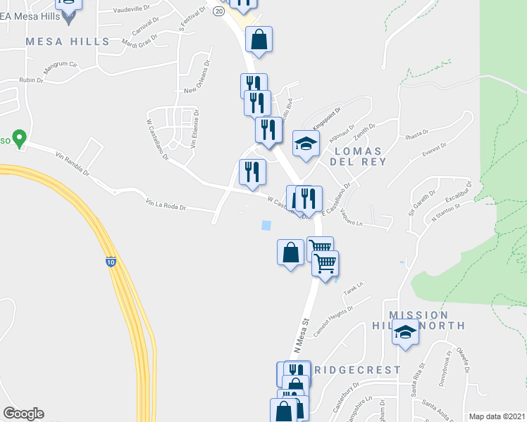 map of restaurants, bars, coffee shops, grocery stores, and more near 134 West Castellano Drive in El Paso