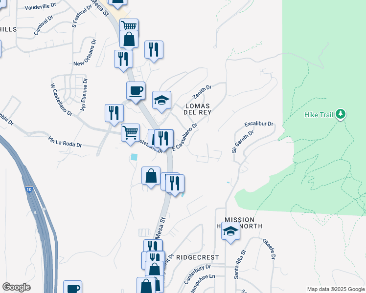 map of restaurants, bars, coffee shops, grocery stores, and more near 108 Vaquero Lane in El Paso