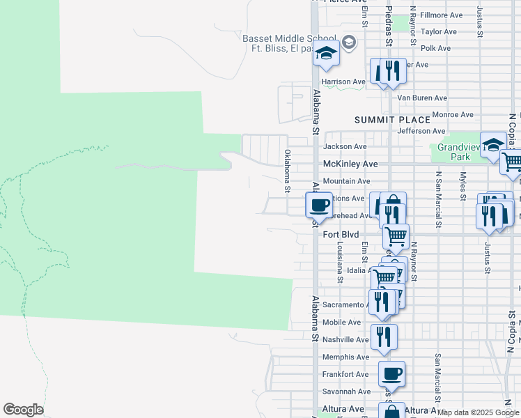 map of restaurants, bars, coffee shops, grocery stores, and more near in El Paso