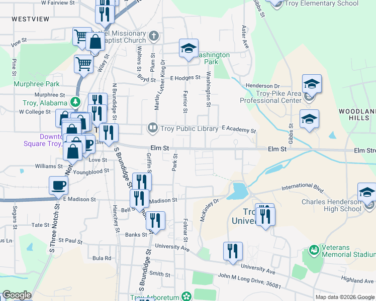 map of restaurants, bars, coffee shops, grocery stores, and more near 608 Elm Street in Troy