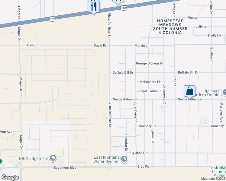 map of restaurants, bars, coffee shops, grocery stores, and more near 3724 Vista Del Este Street in El Paso