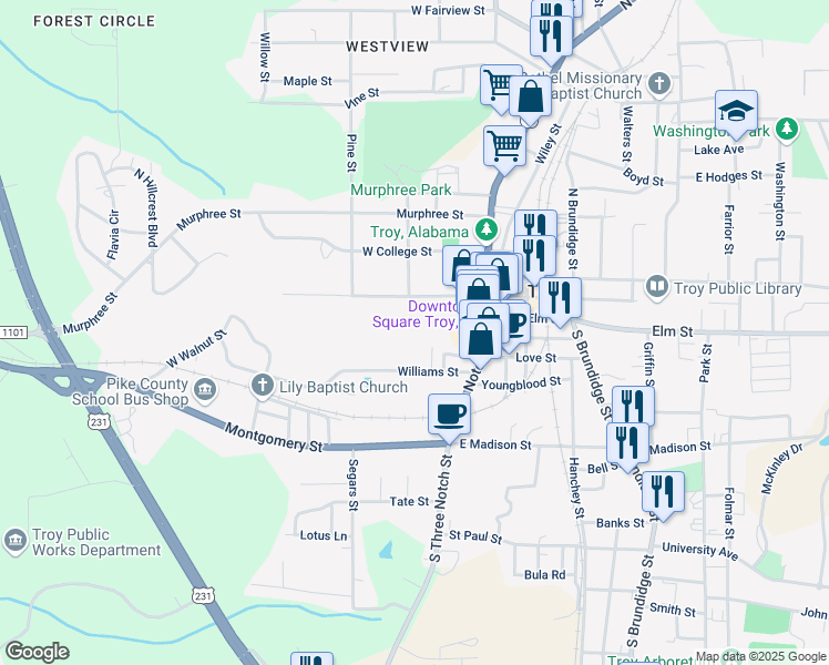 map of restaurants, bars, coffee shops, grocery stores, and more near 310 West Walnut Street in Troy