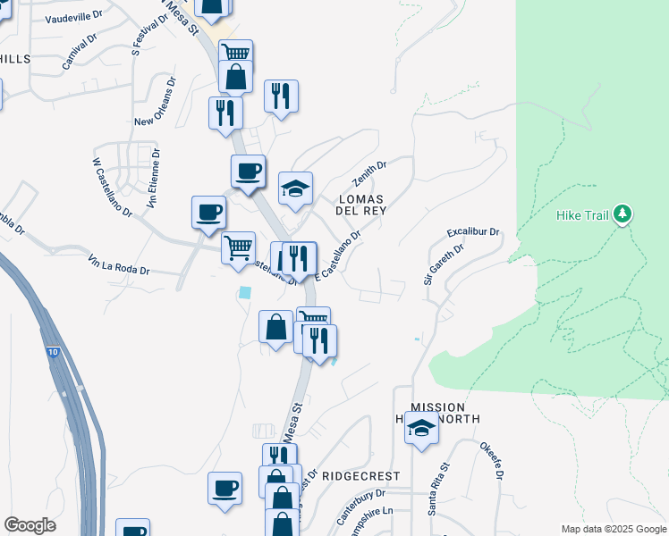 map of restaurants, bars, coffee shops, grocery stores, and more near 124 Vaquero Lane in El Paso