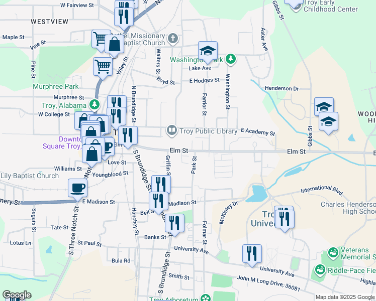 map of restaurants, bars, coffee shops, grocery stores, and more near 436 Elm Street in Troy