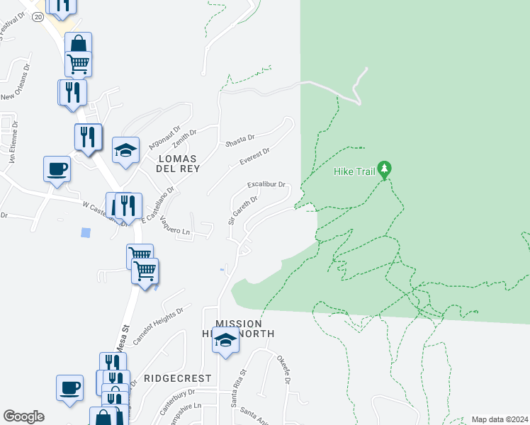 map of restaurants, bars, coffee shops, grocery stores, and more near 4736 Excalibur Drive in El Paso