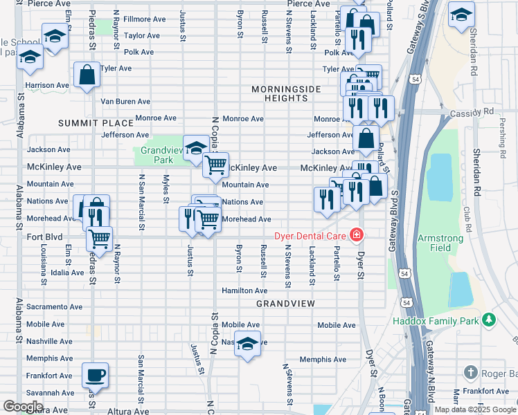 map of restaurants, bars, coffee shops, grocery stores, and more near 3606 Nations Avenue in El Paso