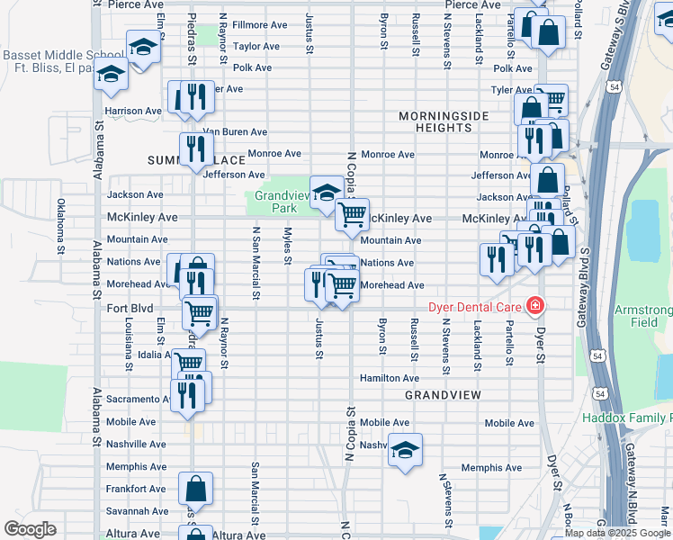 map of restaurants, bars, coffee shops, grocery stores, and more near 3304 Nations Avenue in El Paso