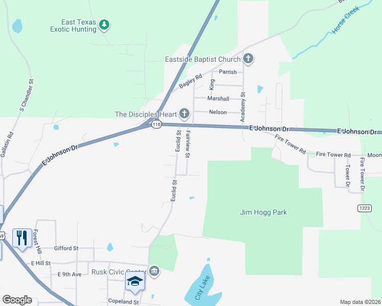 map of restaurants, bars, coffee shops, grocery stores, and more near 237 Fairview Street in Rusk