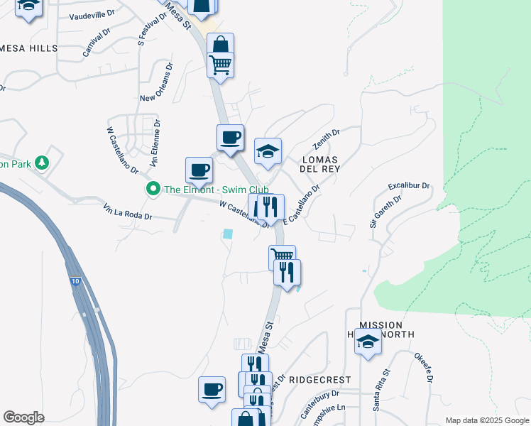 map of restaurants, bars, coffee shops, grocery stores, and more near 4845 North Mesa Street in El Paso