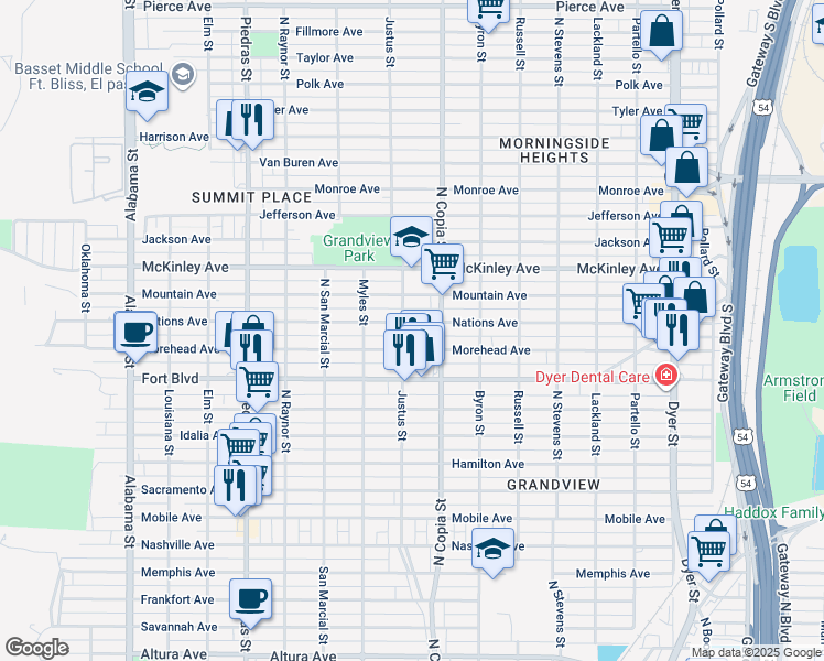 map of restaurants, bars, coffee shops, grocery stores, and more near 3304 Nations Ave in El Paso