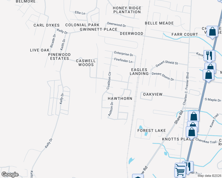 map of restaurants, bars, coffee shops, grocery stores, and more near 1305 Crossgate Court in Hinesville