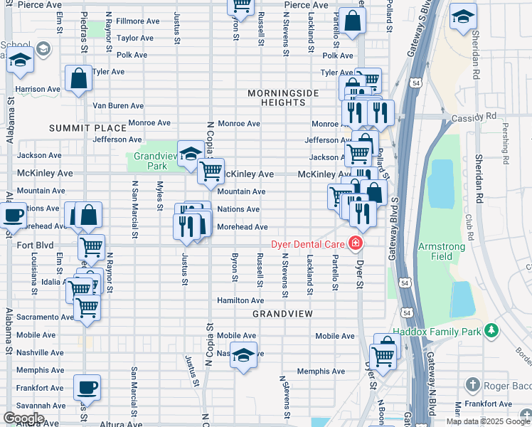 map of restaurants, bars, coffee shops, grocery stores, and more near 3606 Nations Avenue in El Paso