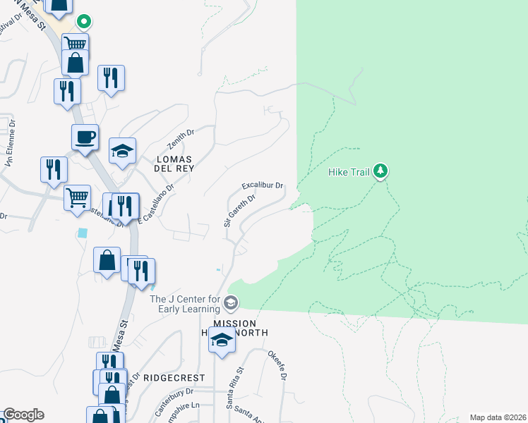 map of restaurants, bars, coffee shops, grocery stores, and more near 4740 Excalibur Drive in El Paso