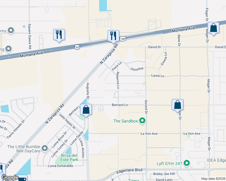 map of restaurants, bars, coffee shops, grocery stores, and more near 13600 Thelma Lane in El Paso