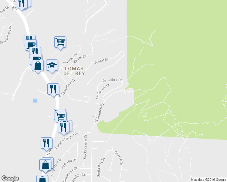 map of restaurants, bars, coffee shops, grocery stores, and more near 4736 Excalibur Drive in El Paso