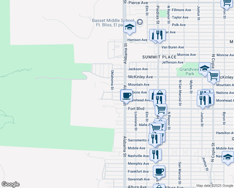 map of restaurants, bars, coffee shops, grocery stores, and more near 2512 Nations Avenue in El Paso