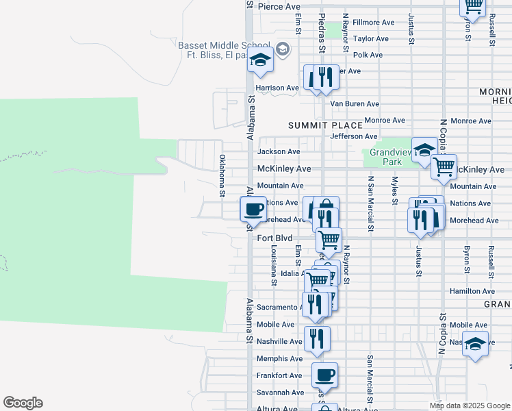 map of restaurants, bars, coffee shops, grocery stores, and more near 2600 Nations Avenue in El Paso
