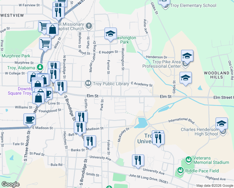 map of restaurants, bars, coffee shops, grocery stores, and more near 608 Elm Street in Troy