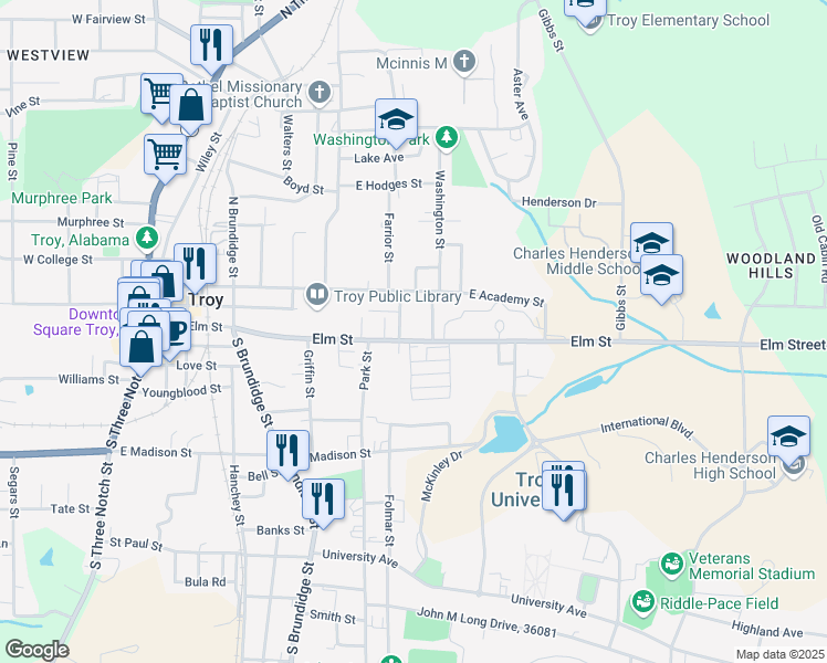 map of restaurants, bars, coffee shops, grocery stores, and more near 608 Elm Street in Troy