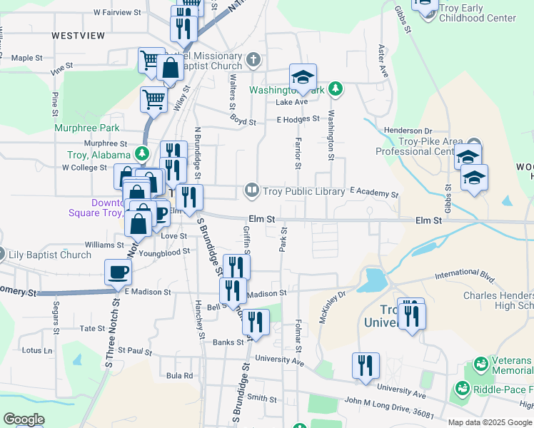 map of restaurants, bars, coffee shops, grocery stores, and more near 510 Elm Street in Troy