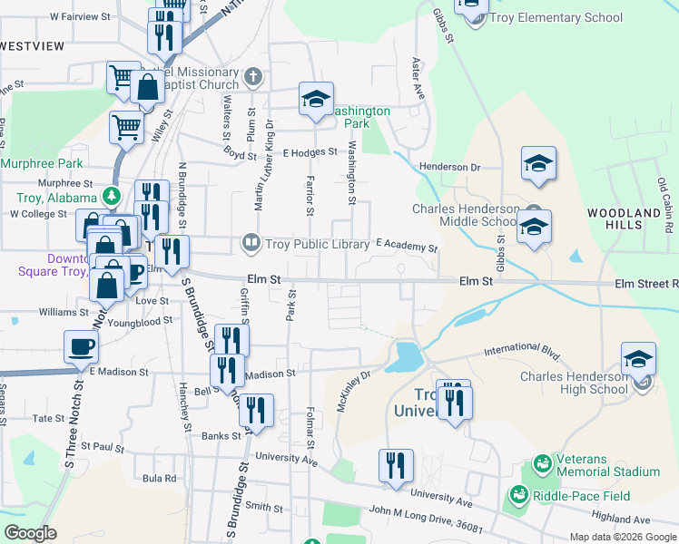 map of restaurants, bars, coffee shops, grocery stores, and more near 608 Elm Street in Troy
