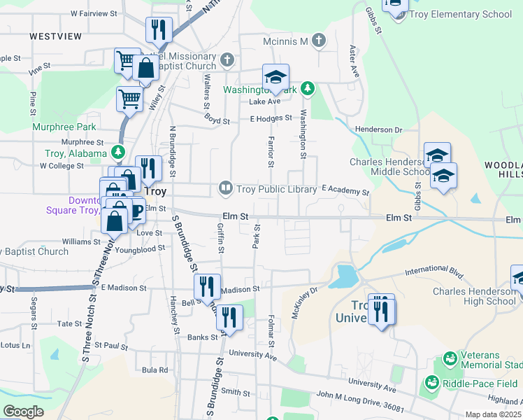 map of restaurants, bars, coffee shops, grocery stores, and more near 530 Elm Street in Troy