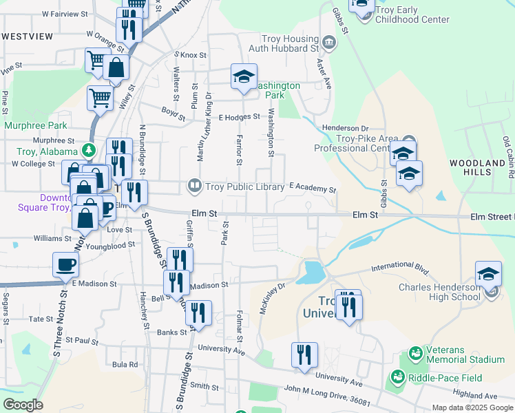 map of restaurants, bars, coffee shops, grocery stores, and more near 608 Elm Street in Troy