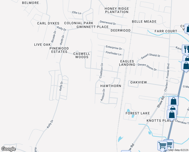 map of restaurants, bars, coffee shops, grocery stores, and more near 1315 Crossgate Court in Hinesville