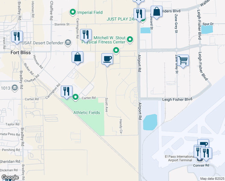 map of restaurants, bars, coffee shops, grocery stores, and more near in Fort Bliss