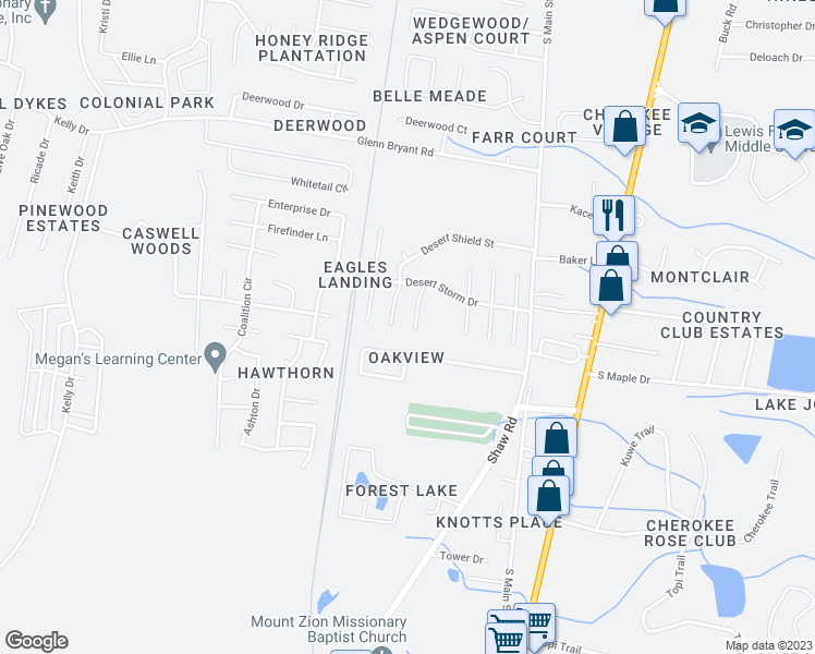 map of restaurants, bars, coffee shops, grocery stores, and more near 1222 Jubail Drive in Hinesville