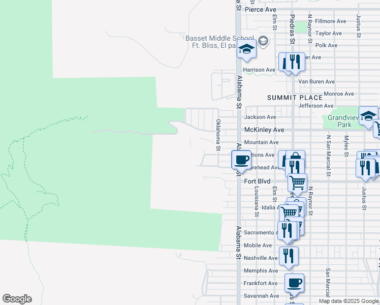map of restaurants, bars, coffee shops, grocery stores, and more near in El Paso