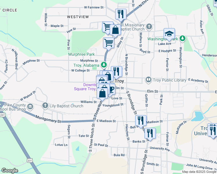 map of restaurants, bars, coffee shops, grocery stores, and more near 200 East Church Street in Troy
