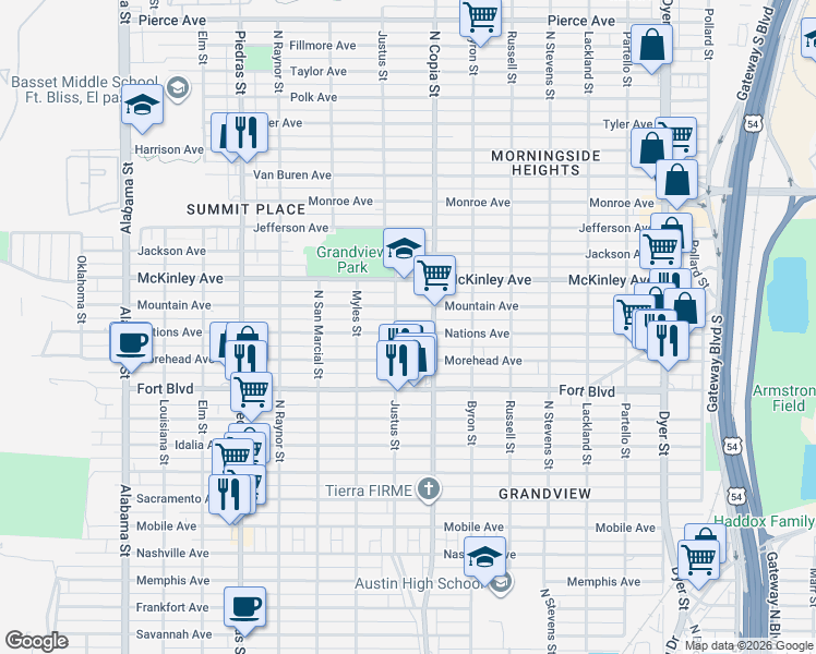 map of restaurants, bars, coffee shops, grocery stores, and more near 3304 Nations Avenue in El Paso