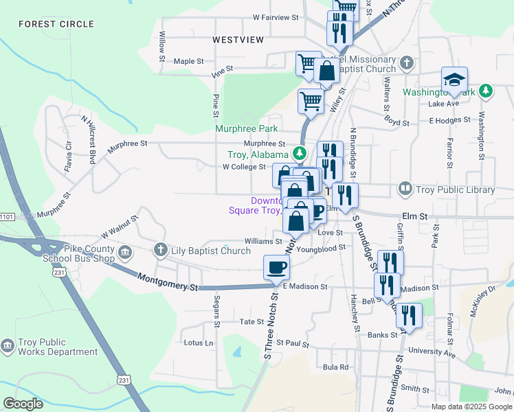 map of restaurants, bars, coffee shops, grocery stores, and more near 310 West Walnut Street in Troy