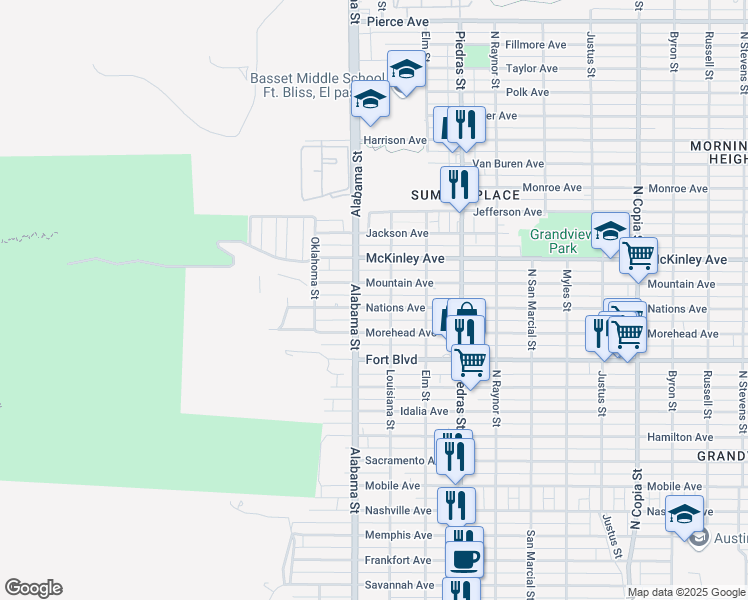 map of restaurants, bars, coffee shops, grocery stores, and more near 2600 Nations Avenue in El Paso