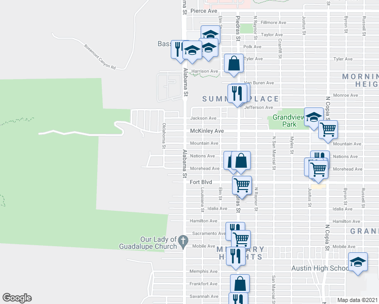 map of restaurants, bars, coffee shops, grocery stores, and more near 2600 Nations Avenue in El Paso